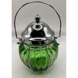 Vtg Emerald Green Glass Musical Biscuit Jar w/Metal Lid Plays "Love Story" Japan